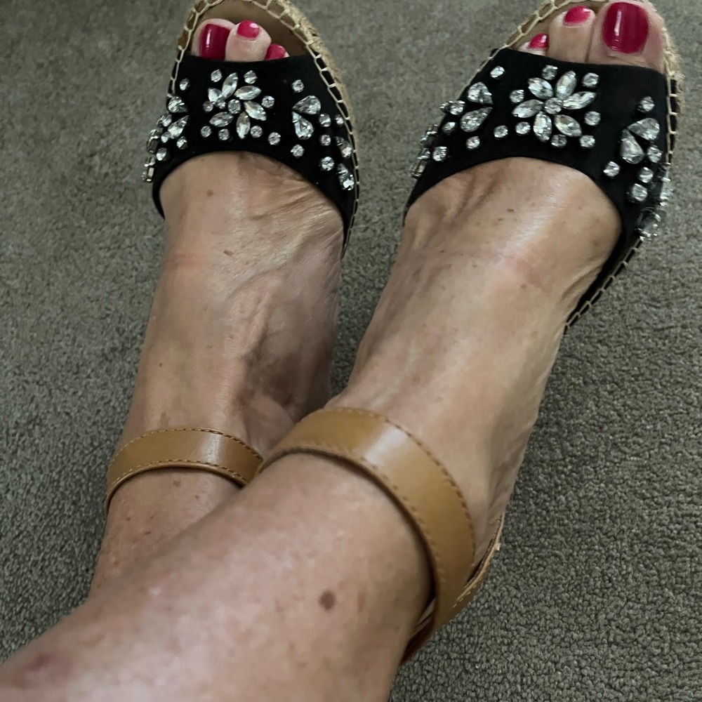 Black Canvas Jeweled Wedge Sandals - Picture 4 of 10